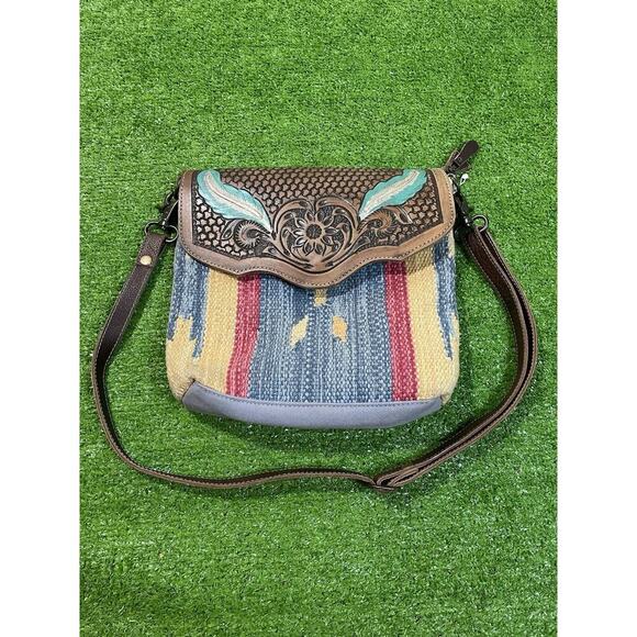 Myra‎ Bags Purse Western Leather Cotton Carve Aztec Crossbody Hand Bag - Picture 1 of 8